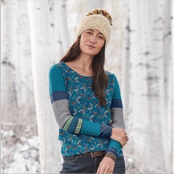 Sundance Tops - Sundance Paisley Print Sharrar Top Blue Grey L Large Floral Mixed Stitch Sleeve